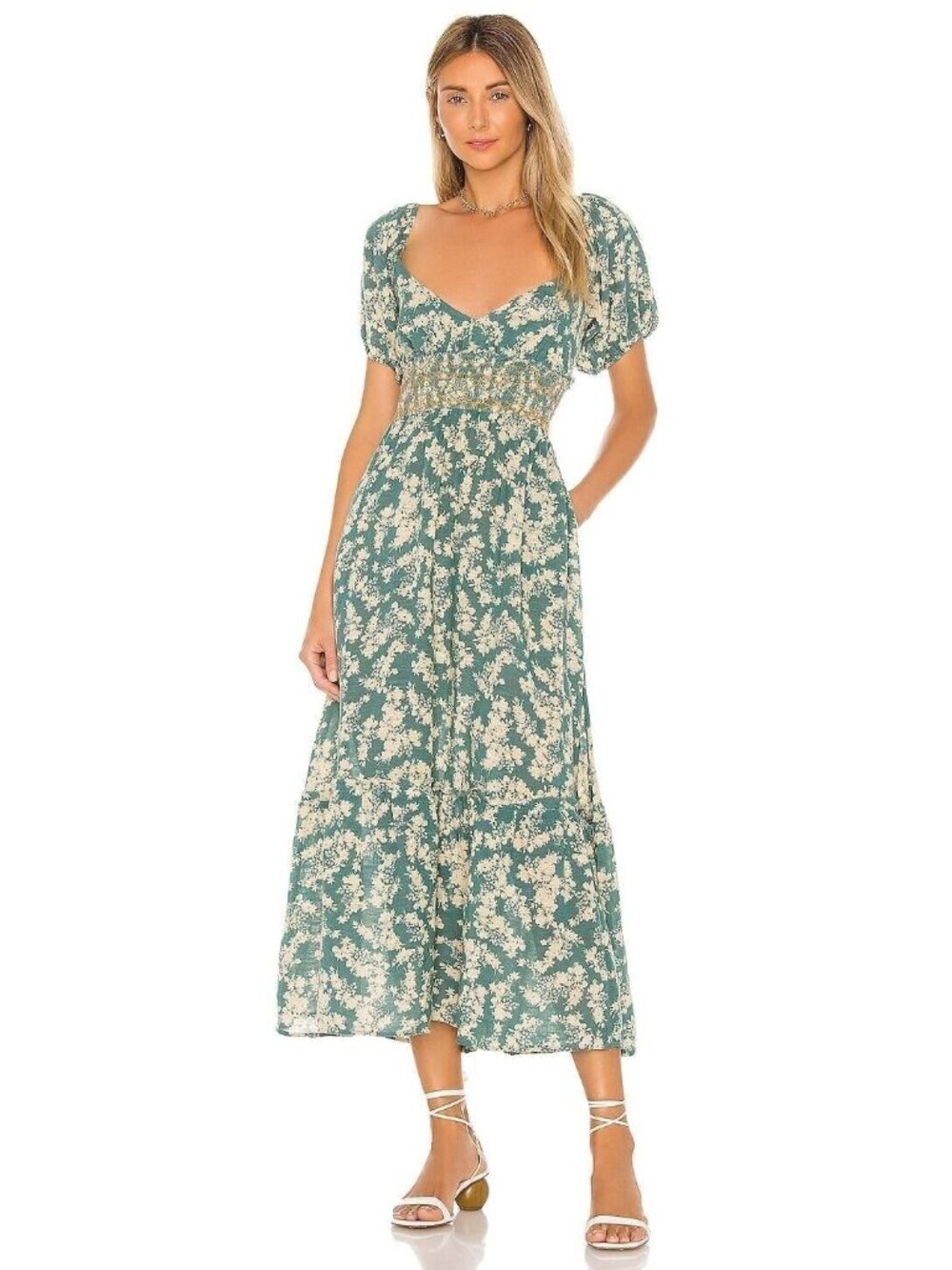 Free People Printed Ellie Maxi Dress Green Floral Smocked Peasant Size Small